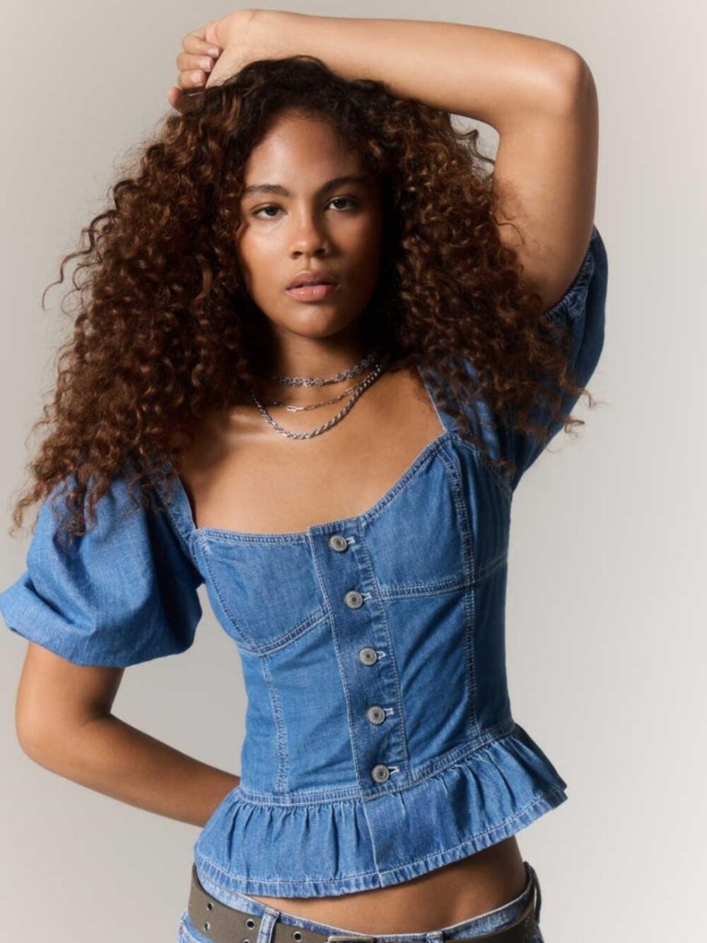 AE Denim Puff Sleeve Shirt NEW